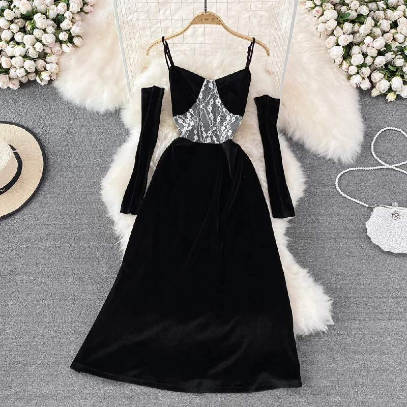 Wedding DressHepburn style black velvet suspender skirt design sense evening dress skirt  10999