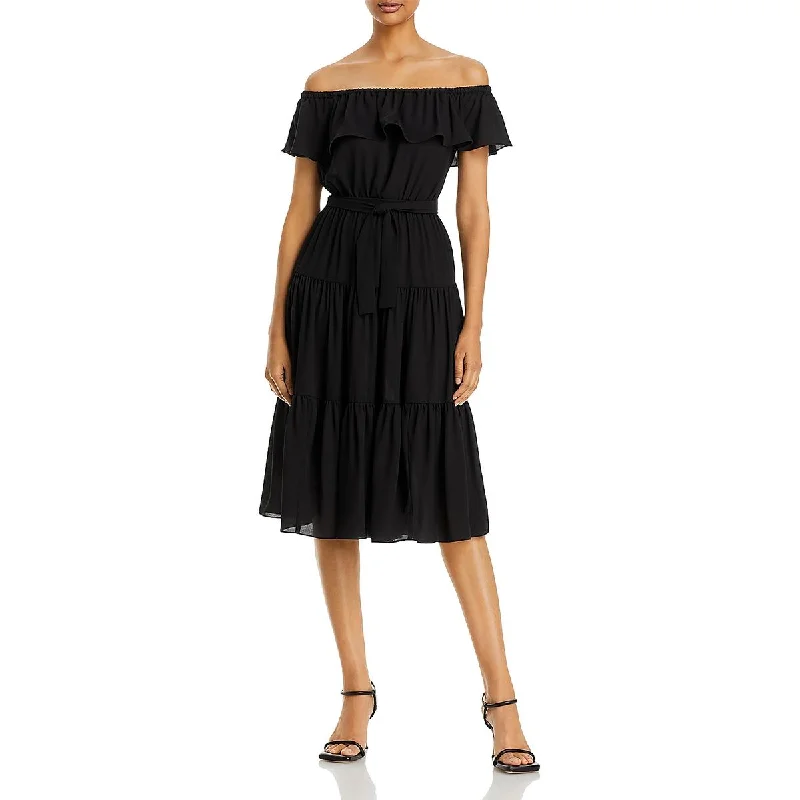 Velveteen DressMICHAEL Michael Kors Womens Ruffled Belted Midi Dress