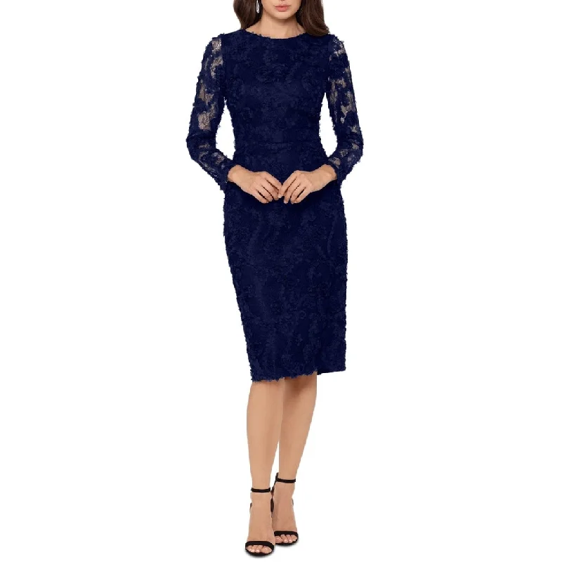 Flutter-Sleeve DressXSCAPE Women's Soutache Long Sleeve Crew Neck Knee Length Evening Body Con Dress Blue Size 6