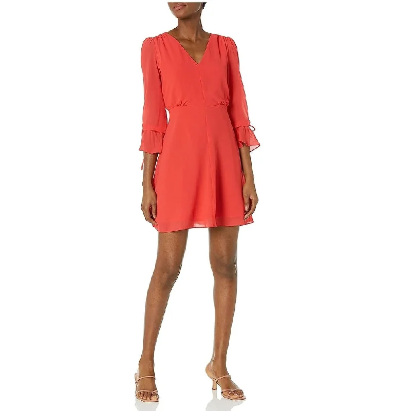 Solid Color DressVince Camuto Women's Tie Zippered Keyhole Chiffon Flutter Sleeve V Neck Short Evening Sheath Dress Coral Size 12