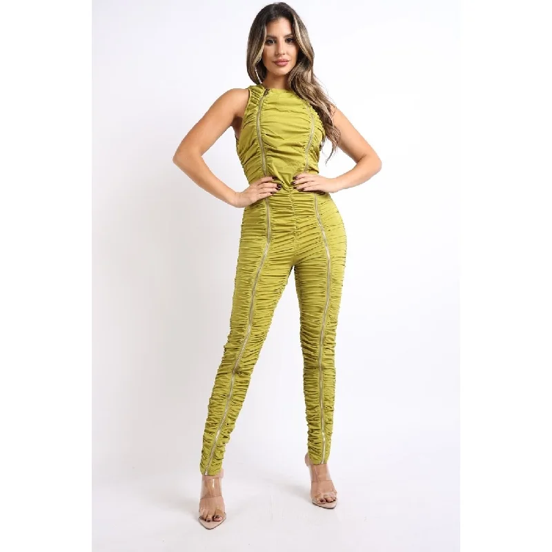 women's breathable dressesTrack Zipper Ruched Jumpsuit Ruffle Dress Bodycon Jumpsuit Chartreuse