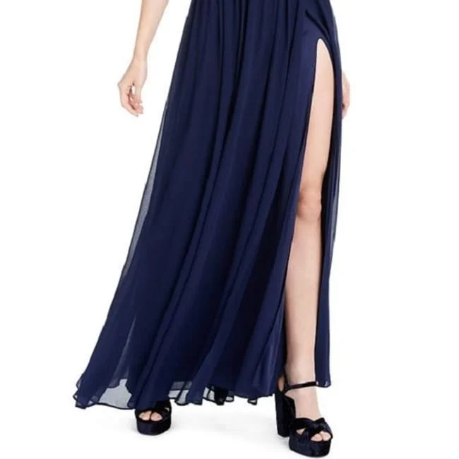 women's bow dressesCity Studios Women's Slitted Solid Spaghetti Strap V Neck Full Length Empire Waist Evening Dress Blue Size 9