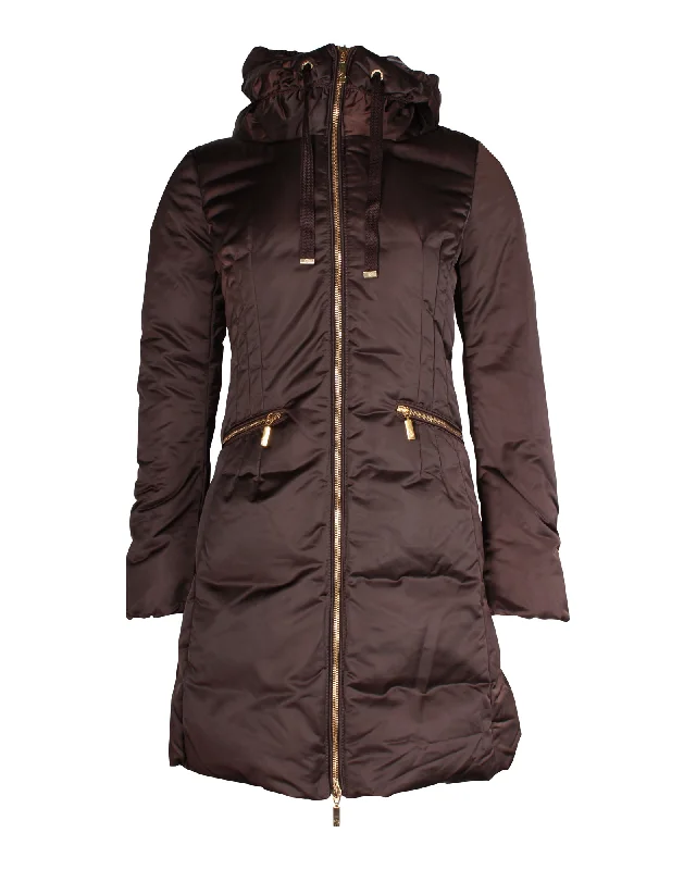 women's coats with fur collarsMoncler Puffed Long Coat in Brown Polyester