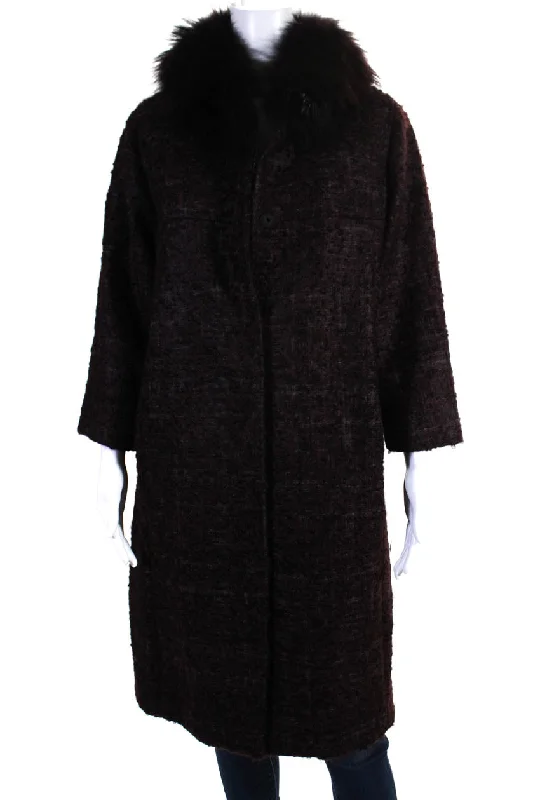 women's stylish coatsShannon Mclean Womens Tweed Fur Trim Button Down Long Coat Dark Purple