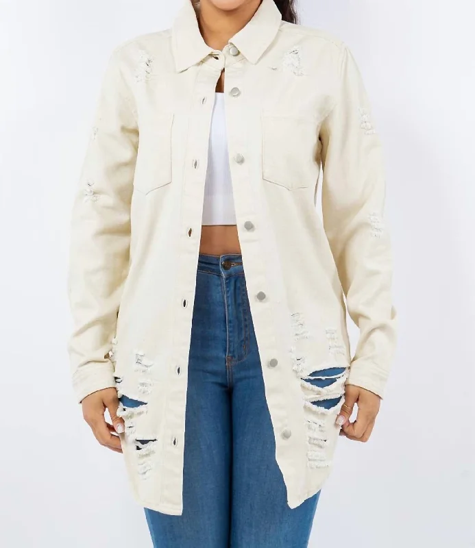 women's coats for tall womenEdgy Distressed Denim Jacket In Ivory