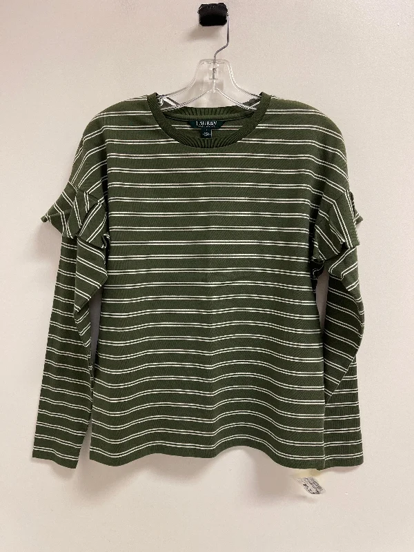 women's tops with cold-shoulder cuts and lace detailingTop Long Sleeve By Lauren By Ralph Lauren In Green & Tan, Size: S