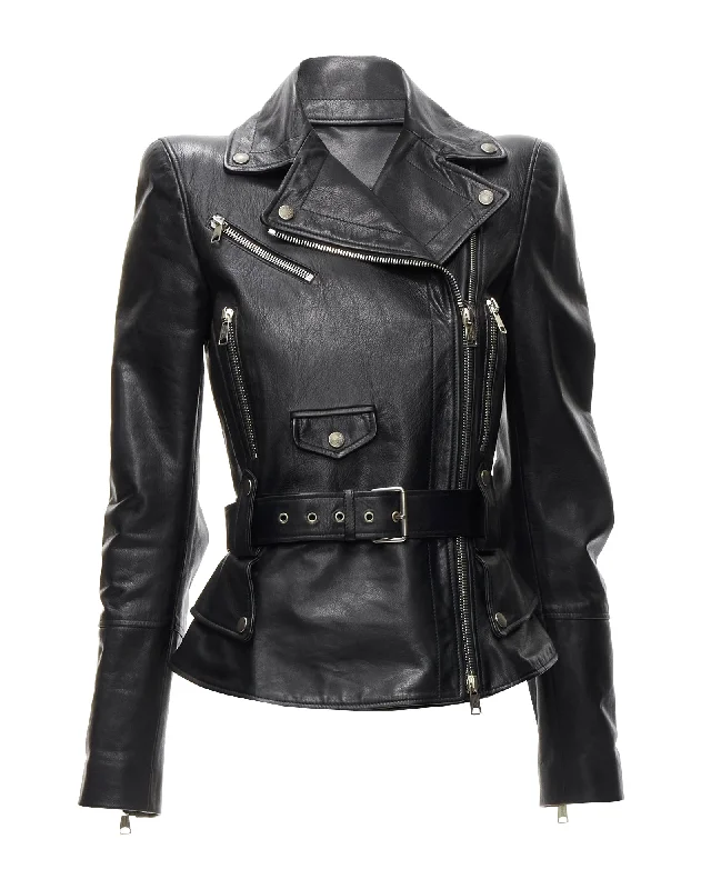 women's coats for rainy weathernew ALEXANDER MCQUEEN 2010 black leather belted peplum biker jacket