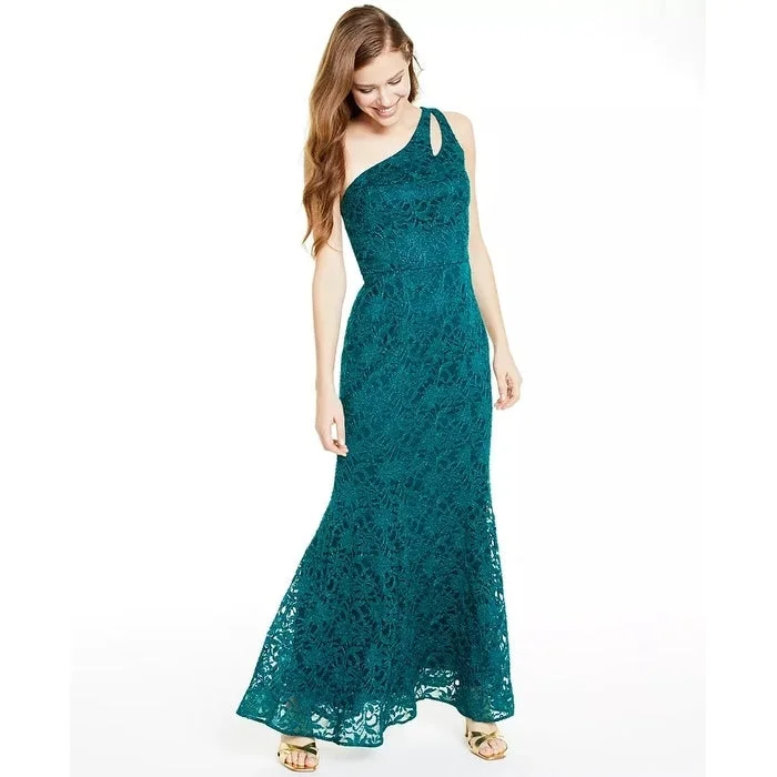 women's custom dressesBCX Women's Lace Solid Sleeveless Asymmetrical Neckline Full-Length Fit and Flare Evening Dress Green Size 5