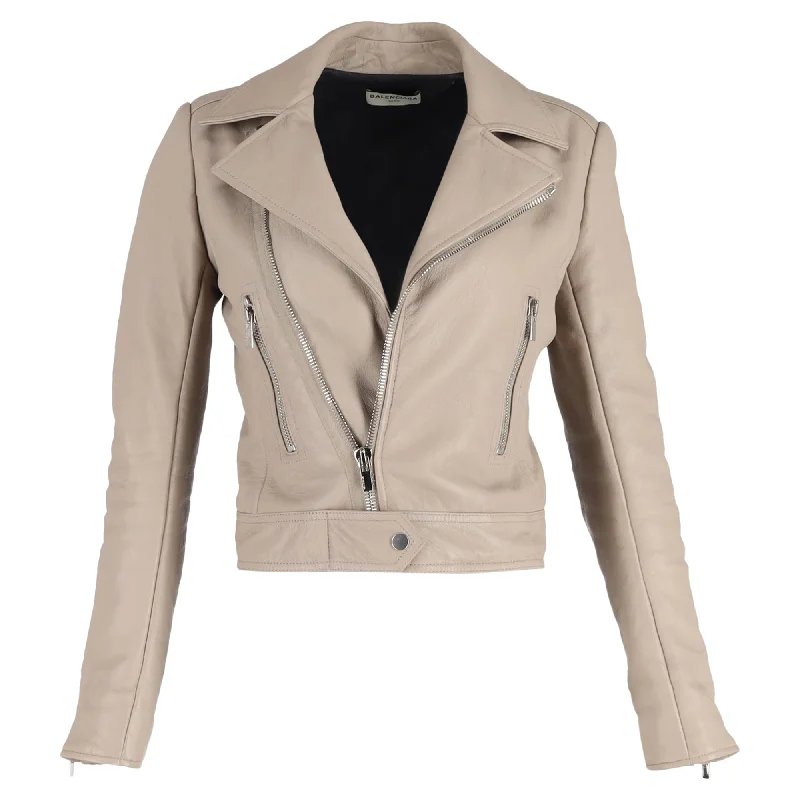 women's coats for those who prefer classic over trendyBalenciaga Biker Jacket in Beige Lambskin Leather