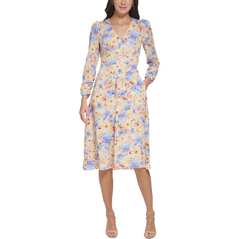 Flutter-Sleeve DressVince Camuto Womens Floral Print V-Neck Midi Dress