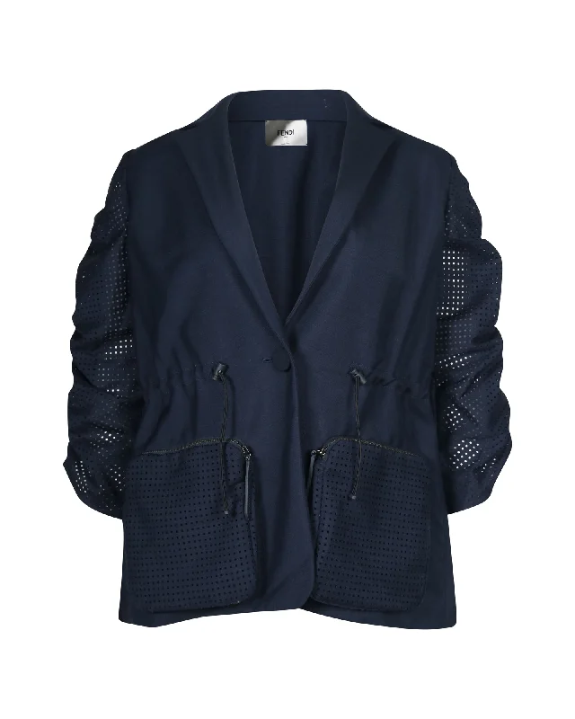 women's coats for hourglass figuresFendi Puff Sleeve Drawstring Jacket in Navy Blue Cotton