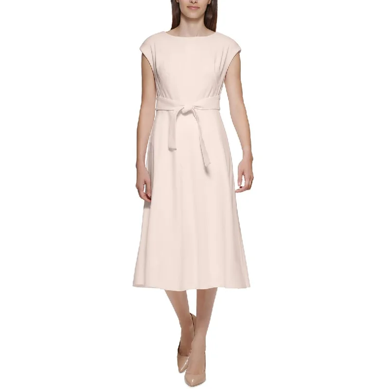 women's wrinkle-resistant dressesCalvin Klein Womens Tie Waist Midi Fit & Flare Dress