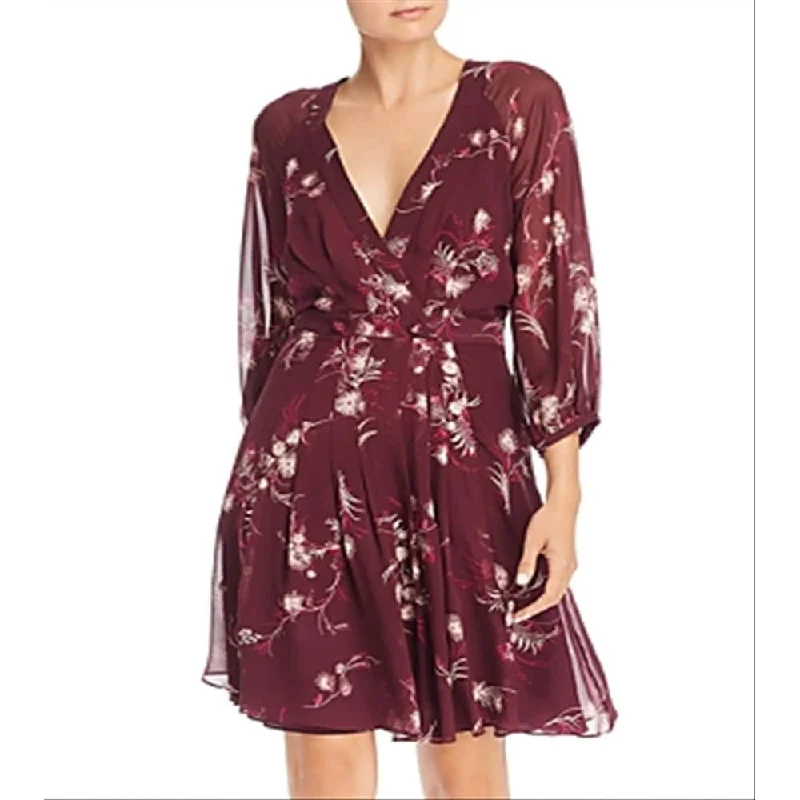 Glitter DressJoie Women's Printed 3/4 Sleeve V Neck Above The Knee Trapeze Evening Dress Maroon Size 8