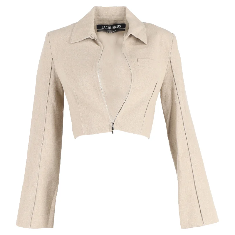 women's coats with adjustable sleevesJacquemus La Veste Limao Cropped Jacket in Beige Linen