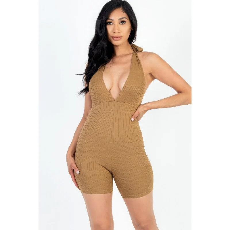 Fit-And-Flare DressCasual Solid Halter V Neck Ribbed Bodycon Romper