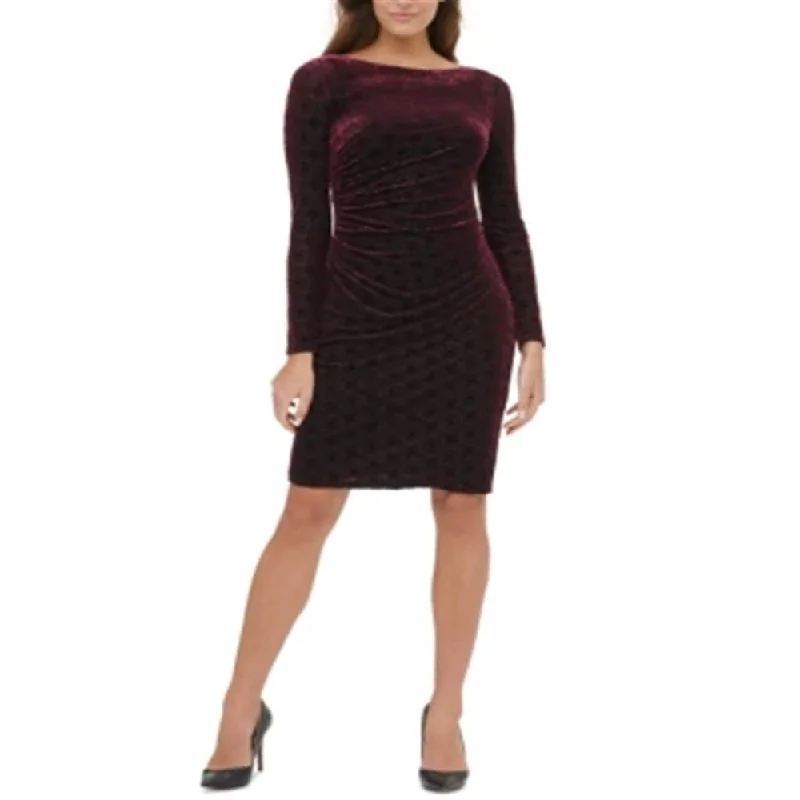 Floral DressTommy Hilfiger Women's Printed Long Sleeve Jewel Neck Above the Knee Evening Sheath Dress Wine Size 6