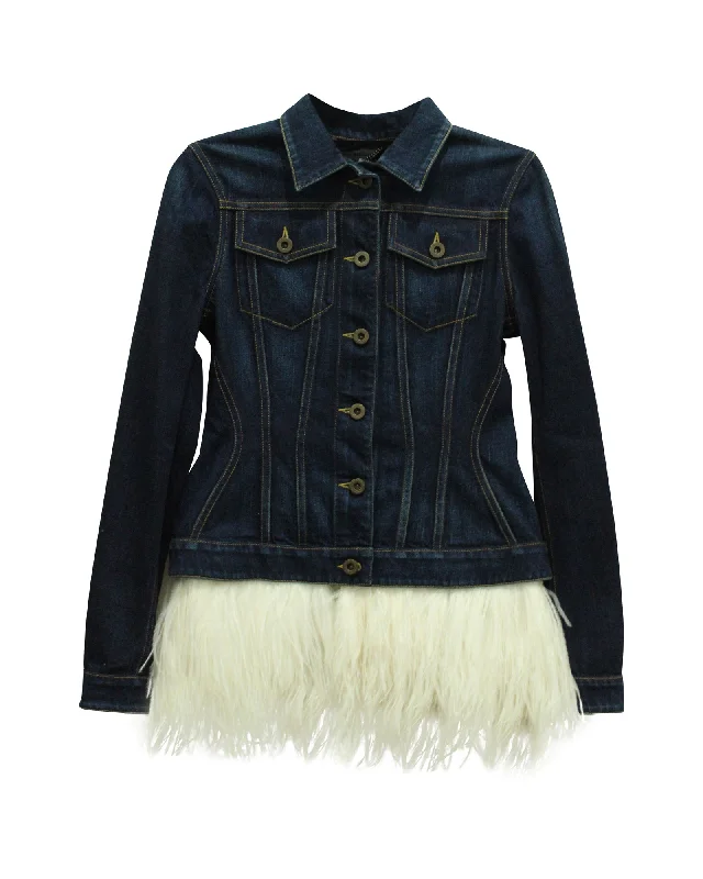 sustainable women's coatsBurberry Feather Trimmed Denim Jacket in Blue Cotton