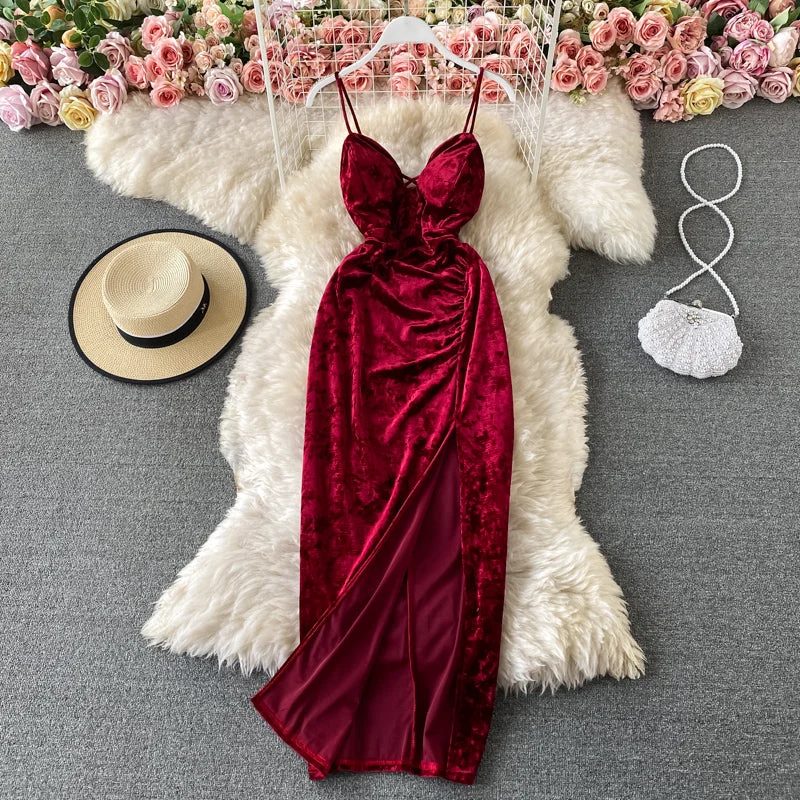 women's lace dressesBanquet wine red evening dress velvet suspender split dress  3309