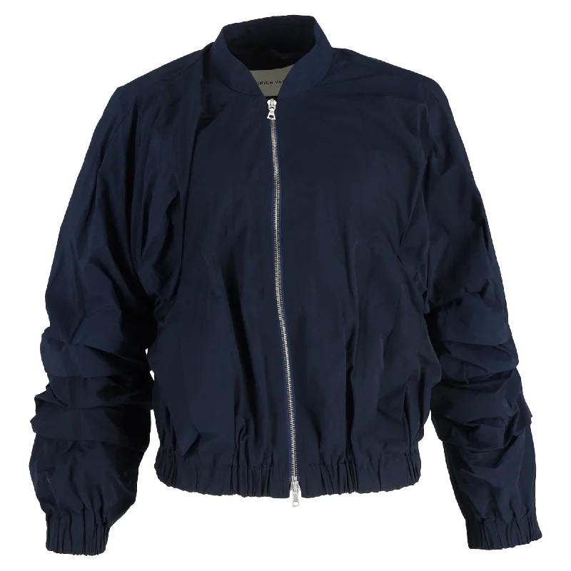 women's coats for rainy weatherDries Van Noten Ruffled Deconstructed Bomber Jacket In Navy Blue Satin