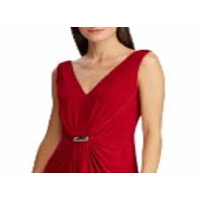 Ball Gown DressRalph Lauren Women's Embellished Sleeveless V Neck Knee Length Sheath Evening Dress Red Size 16