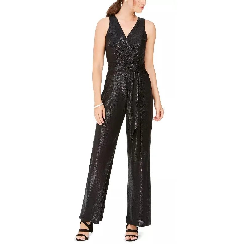 Fit-And-Flare DressTaylor Women's Textured Shimmering Sleeveless V Neck Straight Leg Evening Jumpsuit Black Size 6