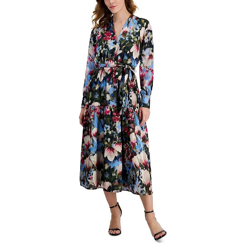 Backless DressAnne Klein Womens Satin Floral Midi Dress