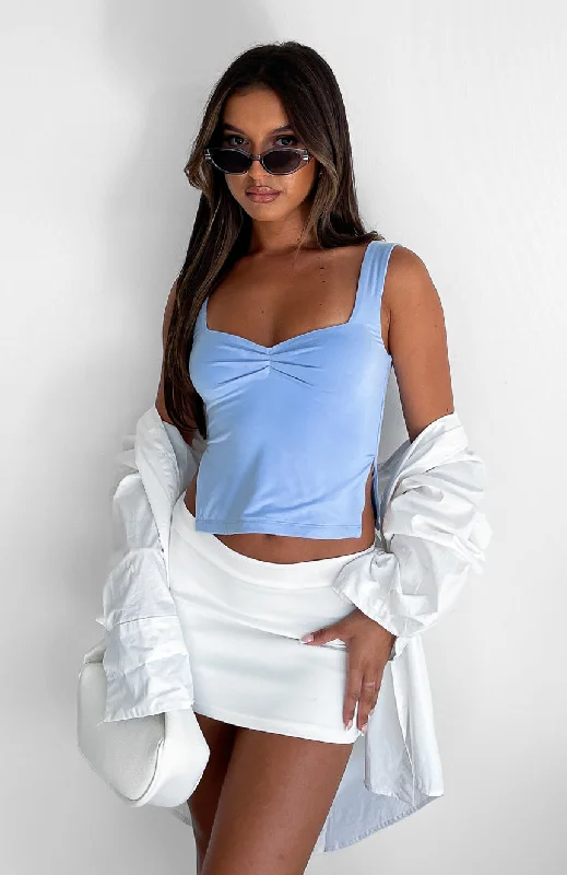 women's tops with spaghetti straps and deep V-necksTaking Off Top Baby Blue