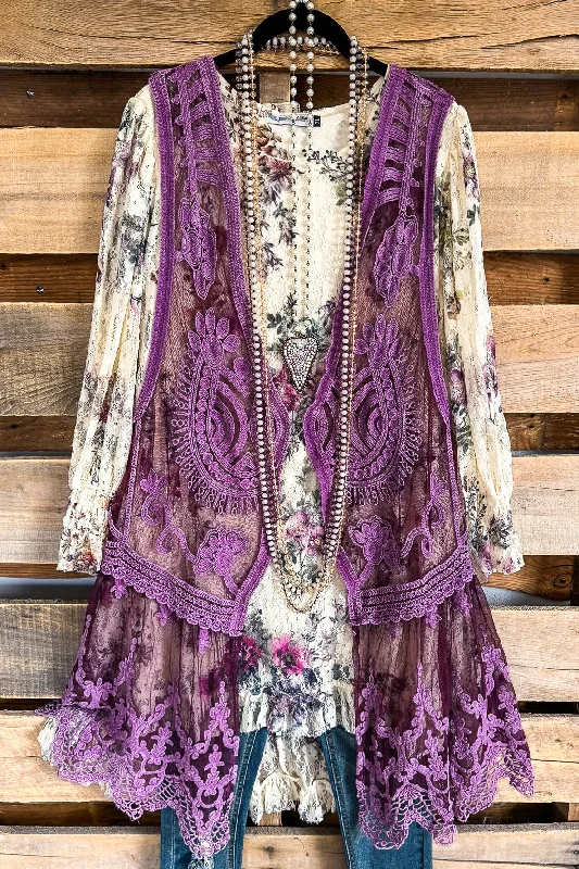 women's tops with cold-shoulder cuts and lace detailingAHB EXCLUSIVE: See My Soul Vest - Plum