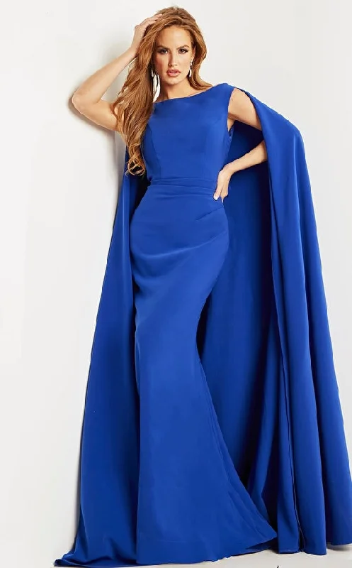 Ball Gown DressJovani 09755 Royal Boat Neck Cape Evening Gown