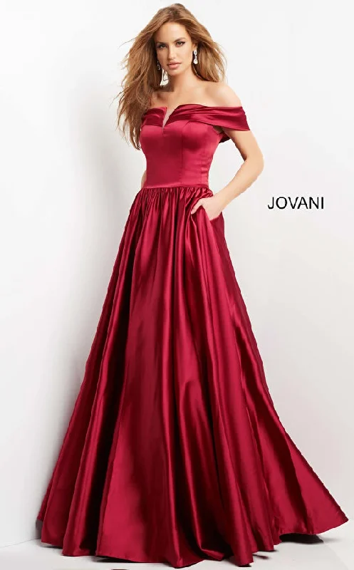 women's trendy dressesJovani 3129 Burgundy Off the Shoulder Satin Evening Ballgown