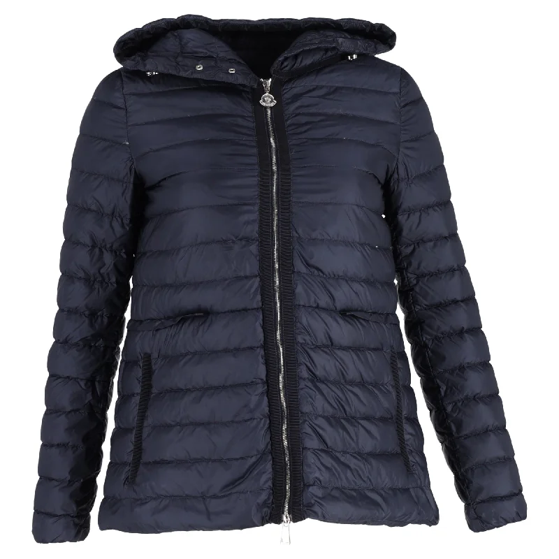 women's coats with oversized fitsMoncler Quilted Zipped Down Jacket in Navy Blue Polyamide