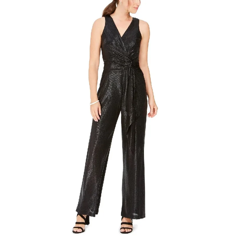 women's unique dressesTaylor Women's Textured Shimmering Sleeveless V Neck Evening Jumpsuit Black Size 14