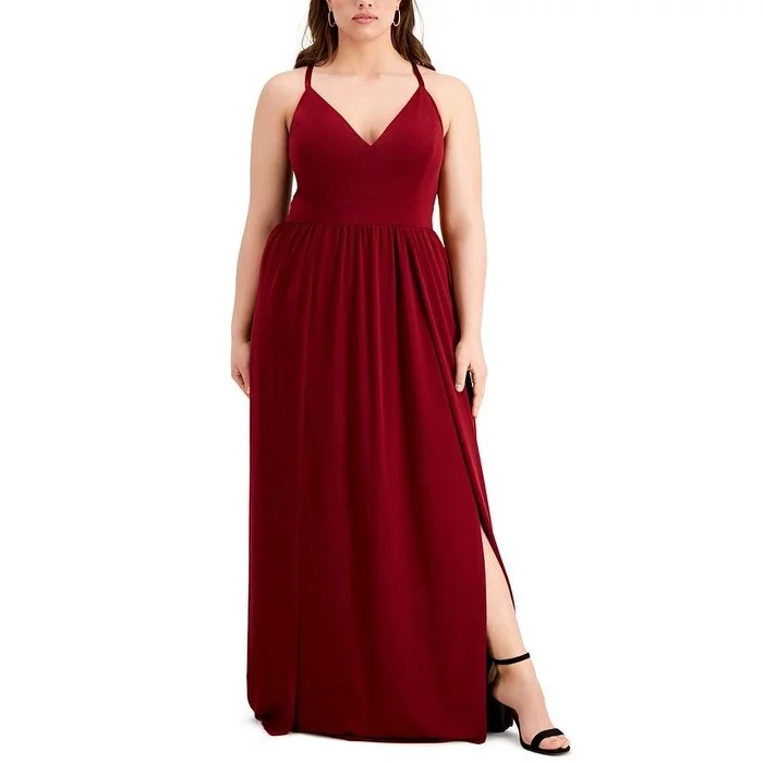 women's ball gown dressesEmerald Sundae Women's Slitted Lace Spaghetti Strap V Neck Full Length Evening Empire Waist Dress Red Size 18W