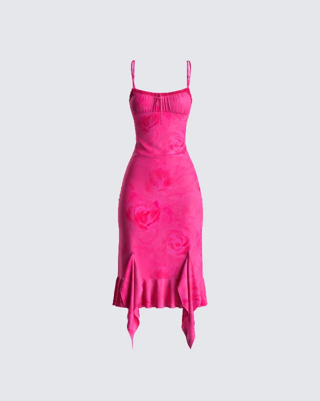 women's lace dressesMicah Pink Flower Print Midi Dress