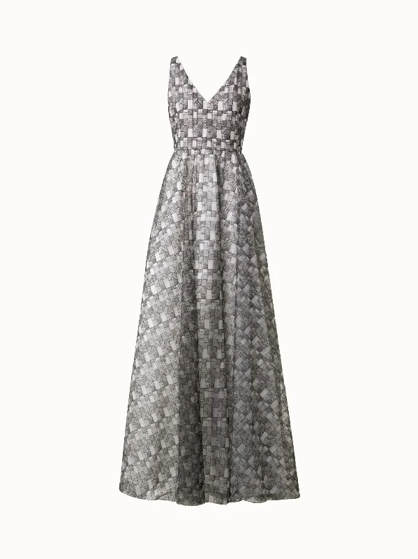 Embellished DressLong Evening Dress with Lizzy Grid Embroidery