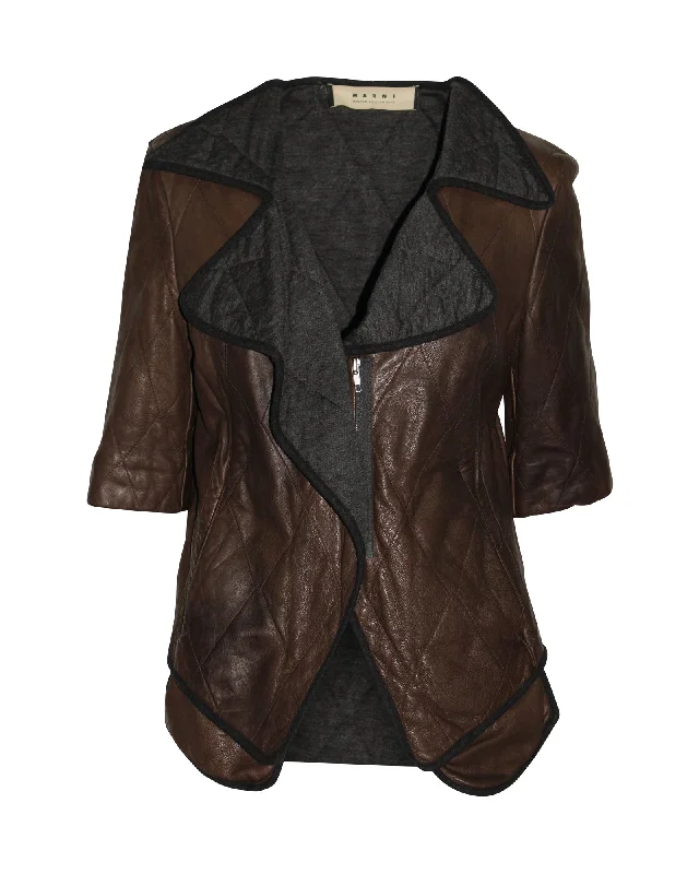 women's coats with floral printsMarni Two-Tone Oversized Lapel Quilted Jacket in Brown Sheepskin Leather