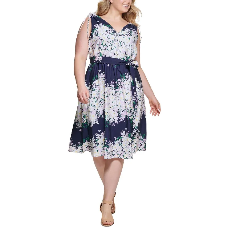 Casual DressVince Camuto Womens Plus Floral Print Midi Fit & Flare Dress