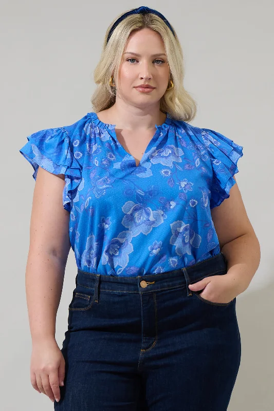 women's tops for picnics in the parkSelma Floral Claramay Ruffle Split Neck Cotton Voile Top Curve