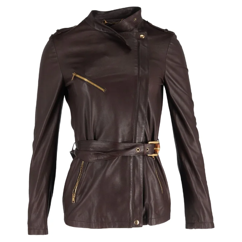 women's coats with beadwork accentsGucci Biker Jacket in Brown Leather