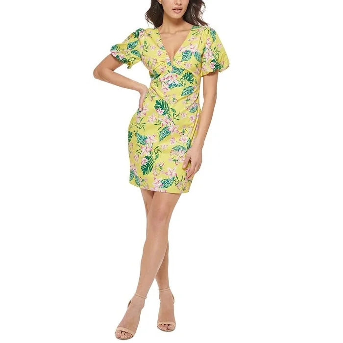 women's breathable dressesGUESS Women's Printed Puff Sleeve Bodycon Dress Yellow Size 6