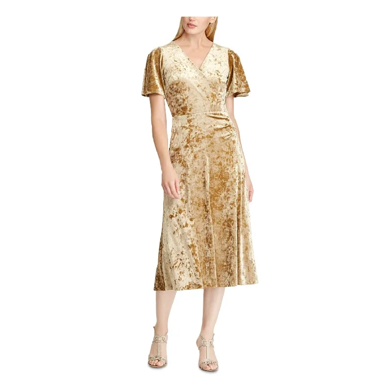 women's off-the-shoulder dressesRalph Lauren Womens Gold Velvet Short Sleeve V Neck Below The Knee Fit + Flare Evening Dress Size 6 Gold Size 6