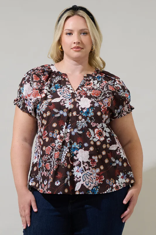 women's tops for those who want to add a personal touch to their wardrobe with unique and one-of-a-kind piecesJournee Floral Jemma Ruffle Split Neck Top Curve