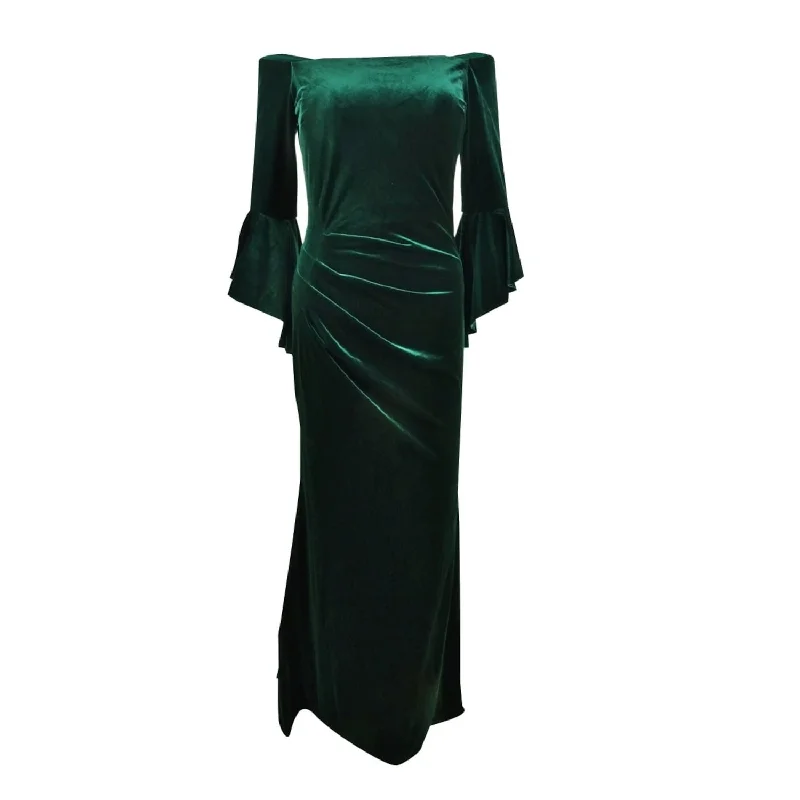 Trumpet DressBetsy & Adam Women's Bell Sleeve Off Shoulder Full Length Evening Dress Green Size 4