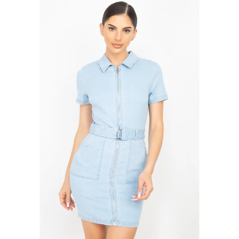 women's shift dressesLight-Denim Belted Bodycon Collared Dress