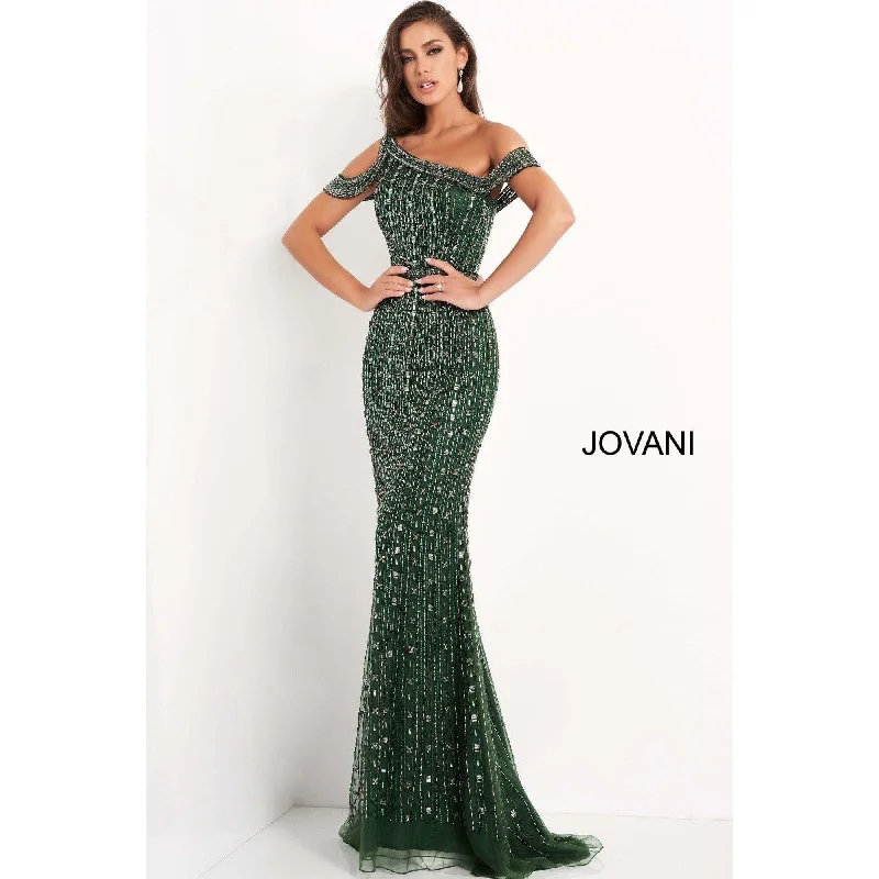 Striped DressJovani 03124 Emerald Beaded One Shoulder Evening Dress