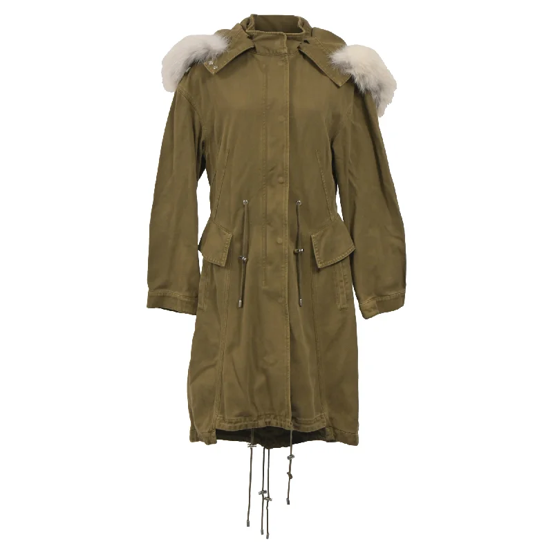 women's coats in bold colorsAlexander Mcqueen Parka with Fur Trim Coat in Olive Cotton