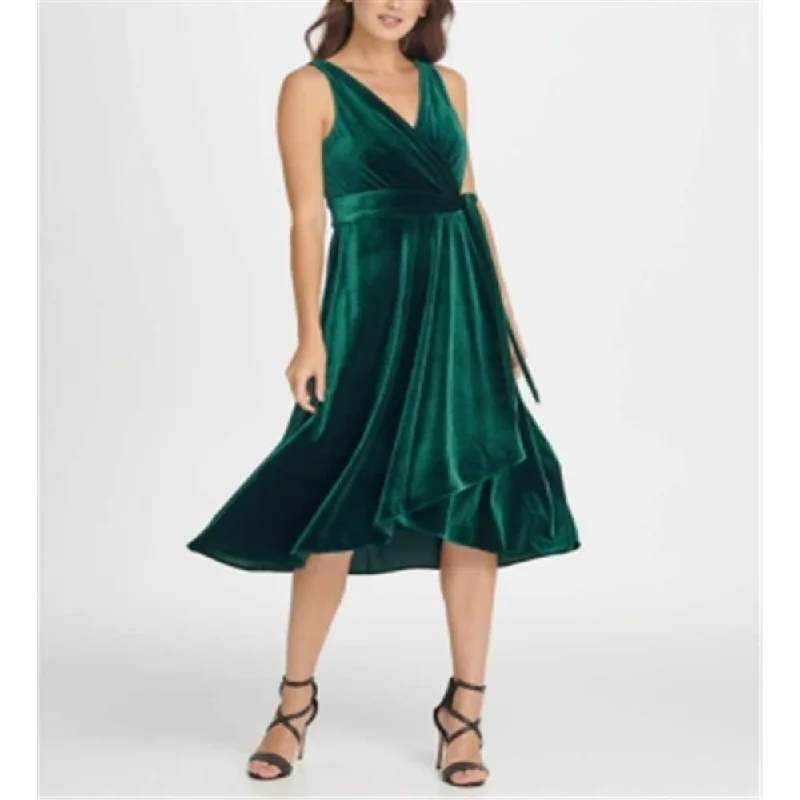 women's bridesmaid dressesDKNY Women's Sleeveless V Neck Below the Knee Fit Flare Evening Dress Green Size 16