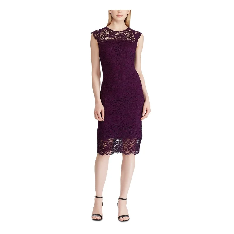 Laced-Up DressRalph Lauren Women's Lace Zippered Floral Cap Sleeve Illusion Neckline Below The Knee Evening Sheath Purple Size 2