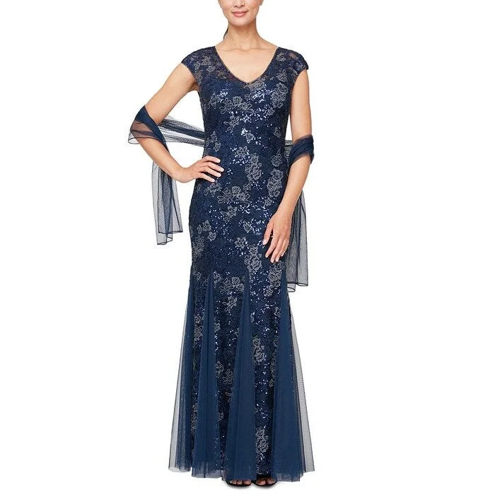 Floor-Length DressAlex Evenings Women's Sequin Embroidered Trumpet Gown Blue Size 10