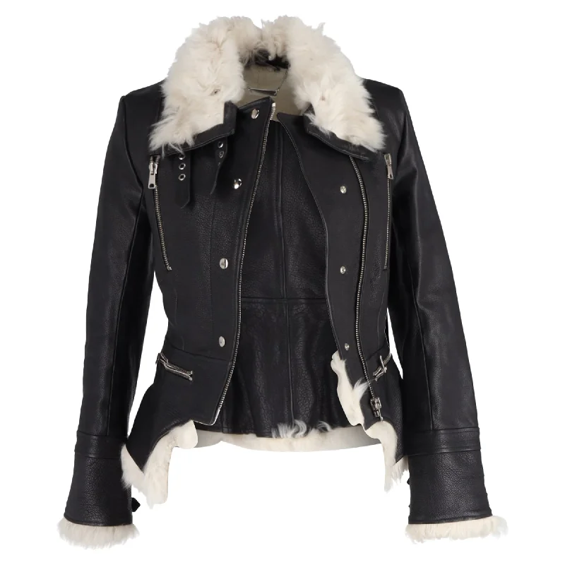 women's coats with zippersAlexander Mcqueen Biker Fur Trim Jacket in Black Leather